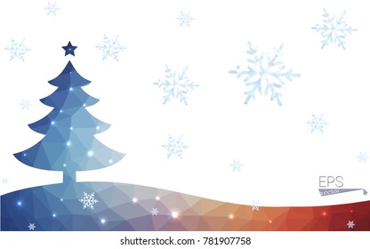 Blue, red postcard low polygon style christmas tree vector illustration consisting of triangles. Abstract polygonal origami or crystal design of New Years celebration. Isolated on white background.