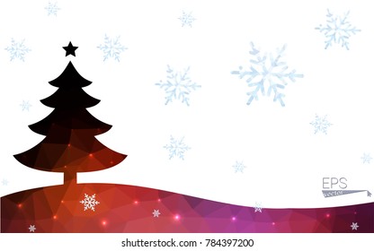 Blue, red postcard low polygon style christmas tree vector illustration consisting of triangles. Abstract polygonal origami or crystal design of New Years celebration. Isolated on white background.