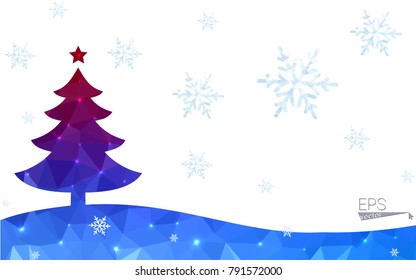 Blue, red postcard low polygon style christmas tree vector illustration consisting of triangles. Abstract polygonal origami or crystal design of New Years celebration. Isolated on white background.