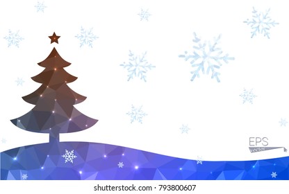 Blue, red postcard low polygon style christmas tree vector illustration consisting of triangles. Abstract polygonal origami or crystal design of New Years celebration. Isolated on white background.