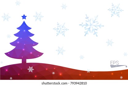 Blue, red postcard low polygon style christmas tree vector illustration consisting of triangles. Abstract polygonal origami or crystal design of New Years celebration. Isolated on white background.