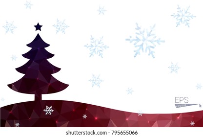 Blue, red postcard low polygon style christmas tree vector illustration consisting of triangles. Abstract polygonal origami or crystal design of New Years celebration. Isolated on white background.