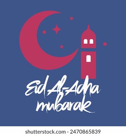 A blue and red poster with a crescent moon and a building with a red roof. The poster says Eid al-Adha 