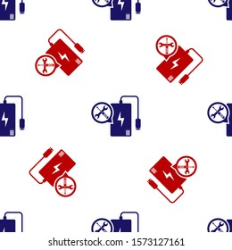 Blue and red Power bank with screwdriver and wrench icon isolated seamless pattern on white background. Adjusting, service, setting, maintenance, repair, fixing.  Vector Illustration