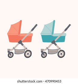 Blue and red pram for baby boy or girl. Baby carriage. Baby shower design element. Vector hand drawn eps 10 illustration in flat style. Isolated on white background.