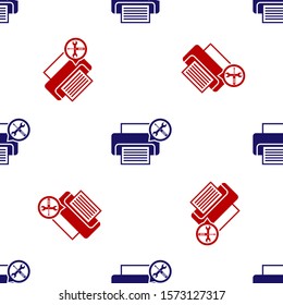 Blue and red Printer with screwdriver and wrench icon isolated seamless pattern on white background. Adjusting, service, setting, maintenance, repair, fixing.  Vector Illustration