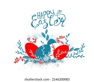 Blue And Red Rabbit And Eggs Easter Card. Vector Illustration