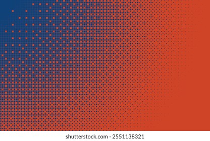 Textura de bitmap radial azul e vermelho. Plano de fundo de vetor de meio-tom com padrão de pontilhamento abstrato. Tela de falhas com efeito de pontos de pixels cintilantes. 8 bits pixel art retro design. Fundo de mosaico pontilhado quadrado