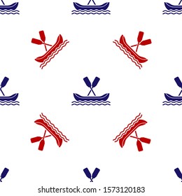 Blue and red Rafting boat icon isolated seamless pattern on white background. Kayak with paddles. Water sports, extreme sports, holiday, vacation, team building.  Vector Illustration