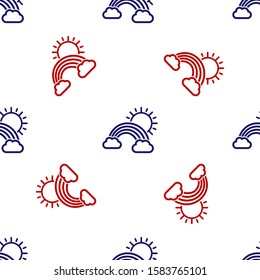 Blue and red Rainbow with clouds and sun icon isolated seamless pattern on white background.  Vector Illustration