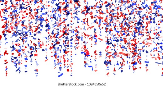 Blue red realistic confetti flying on white American Presidents Day background design. Tinsels flying, foil texture serpentine streamers confetti falling background in USA flag patriotic colors.