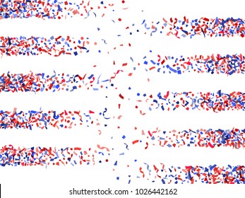 Blue red realistic confetti flying on white. American Presidents Day patriotic background. Foil serpentine streamers confetti stripes in USA flag colors. Tinsel sparkle elements flying.