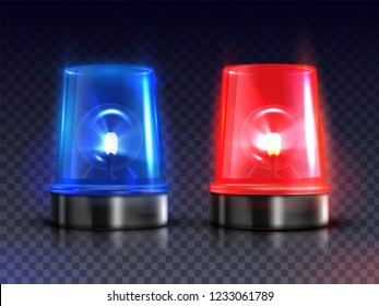 Blue and red realistic flasher sirens set. Fire engines, ambulances, and police cars warning device. Vector realistic illustration