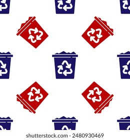 Blue and red Recycle bin with recycle symbol icon isolated seamless pattern on white background. Trash can icon. Garbage bin sign. Recycle basket sign.  Vector
