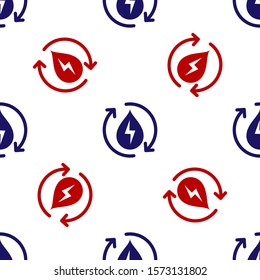 Blue and red Recycle clean aqua icon isolated seamless pattern on white background. Water recycling energy symbol. Drop of water with recycling. Water refresh arrows.  Vector Illustration