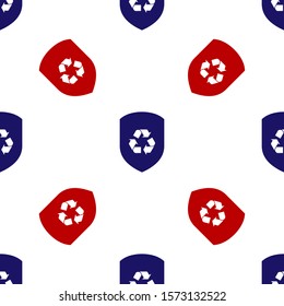 Blue and red Recycle symbol inside shield icon isolated seamless pattern on white background. Eco protection sign.  Vector Illustration