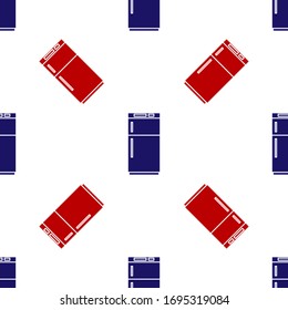 Icono de Refrigerador azul y rojo aislado sin fisuras en fondo blanco. Frigorífico congelador. Tecnología y electrodomésticos. Ilustración vectorial