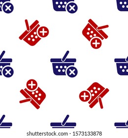 Blue and red Remove shopping basket icon isolated seamless pattern on white background. Online buying concept. Delivery service sign. Supermarket basket and X mark.  Vector Illustration