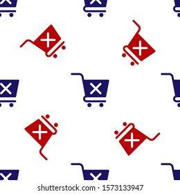 Blue and red Remove shopping cart icon isolated seamless pattern on white background. Online buying concept. Delivery service sign. Supermarket basket and X mark.  Vector Illustration