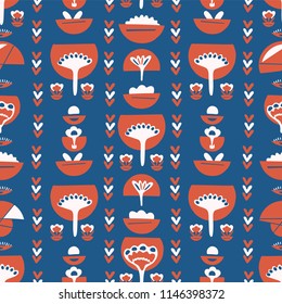 Blue Red Retro Floral,Vector Pattern Seamless, Hand Drawn Stylized Folk Art Flower Illustration for Trendy Fashion Prints, Wallpaper, Stationery, Vintage Home Decor, Gift Wrap, Textile Backgrounds