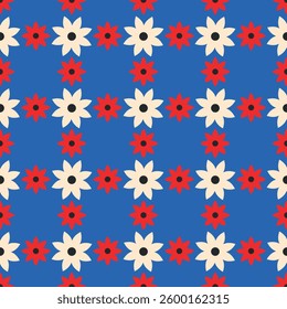 Blue and red retro seamless pattern with cute naive flowers. Floral geometrical background