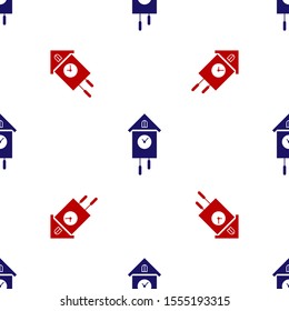 Blue and red Retro wall watch icon isolated seamless pattern on white background. Cuckoo clock sign. Antique pendulum clock.  Vector Illustration