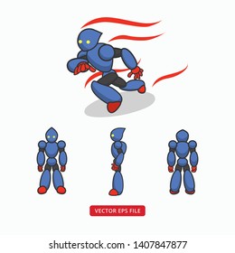 Blue and red robot mascot from multiple view. Pose view, front, side and back view vector