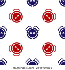 Blue and red Robot vacuum cleaner icon isolated seamless pattern on white background. Home smart appliance for automatic vacuuming, digital device for house cleaning.  Vector