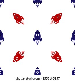 Blue and red Rocket ship with fire icon isolated seamless pattern on white background. Space travel.  Vector Illustration
