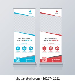 Blue and red roll up banner template and info graphics, stand design, advertisement, flyer, display vector illustration.