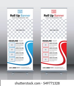 Blue and Red roll up banner template design vector, brochure flyer background, modern x-banner, corporate vertical banner, Pull up banners, flag-banner, layout in rectangle size.