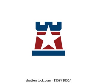 blue red rook piece of chess game with red star inside as a negative space
