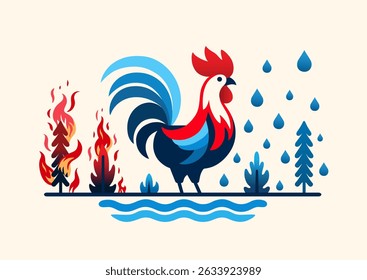 Blue and red rooster. Fires, floods, natural disasters. Rooster with colorful feathers, vector illustration isolated on light background stock illustration. Rooster logo pictogram, icon, flyer, poster