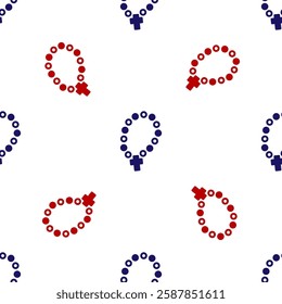 Blue and red Rosary beads religion icon isolated seamless pattern on white background.  Vector