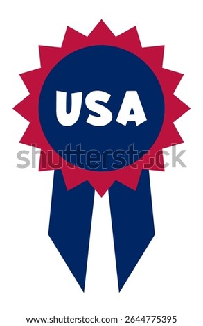 Blue and red rosette with USA writing celebrating United States of America, suitable for fourth of july, memorial, presidents', veterans, columbus, flag day or any national holiday