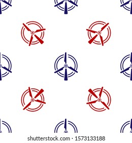 Blue and red Rotating wind turbine icon isolated seamless pattern on white background. Wind generator sign. Windmill for electric power production.  Vector Illustration