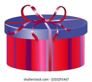 Blue and red round gift box with striped pattern and shiny ribbon and bow vector illustration.