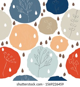 Blue and Red Round Shapes with plants. Terracotta Abstract Seamless Pattern with shapes. Modern Digital Design. Modern Fashion Scandinavian Style. Contemporary Colors and Design. Vector Illustration
