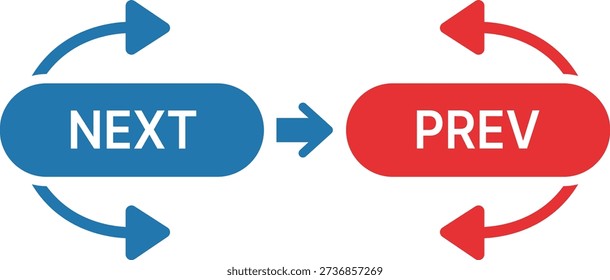 Blue and red rounded rectangles with text N E X T and P R E V and circular arrows next prev