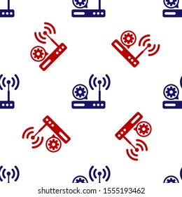 Blue and red Router and wi-fi signal and gear icon isolated seamless pattern on white background. Adjusting app, service concept, setting options, maintenance, repair, fixing.  Vector Illustration