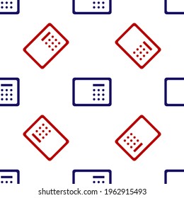 Blue and red Safe icon isolated seamless pattern on white background. The door safe a bank vault with a combination lock. Reliable Data Protection.  Vector