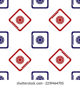 Blue and red Safe icon isolated seamless pattern on white background. The door safe a bank vault with a combination lock. Reliable Data Protection.  Vector
