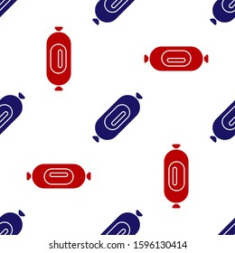 Blue and red Salami sausage icon isolated seamless pattern on white background. Meat delicatessen product.  Vector Illustration