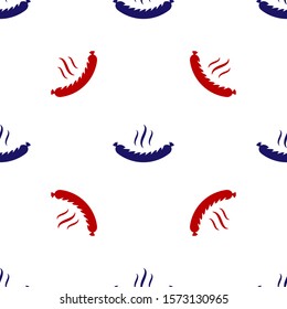 Blue and red Sausage with steam icon isolated seamless pattern on white background. Grilled sausage and aroma sign.  Vector Illustration