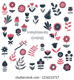 Blue and red scandinavian illustration flowers and houses big set