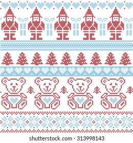 Blue and red Scandinavian inspired Nordic xmas seamless pattern with elf, stars, teddy bears, snow, xmas  trees, snowflakes, stars, snow, decorative ornaments  in red cross stitch
