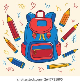 A blue and red school backpack is featured at the center, surrounded by colorful pencils. Playful doodles enhance the lively mood, emphasizing a creative educational atmosphere