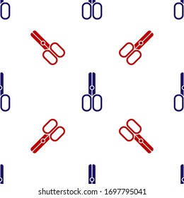 Blue and red Scissors hairdresser icon isolated seamless pattern on white background. Hairdresser, fashion salon and barber sign. Barbershop symbol. Vector Illustration