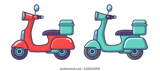 Blue and red scooter. Vector flat motorcycle. Delivery scooter.