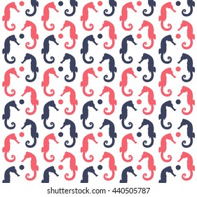 Blue and red sea horses pattern on the white background. Vector Illustration